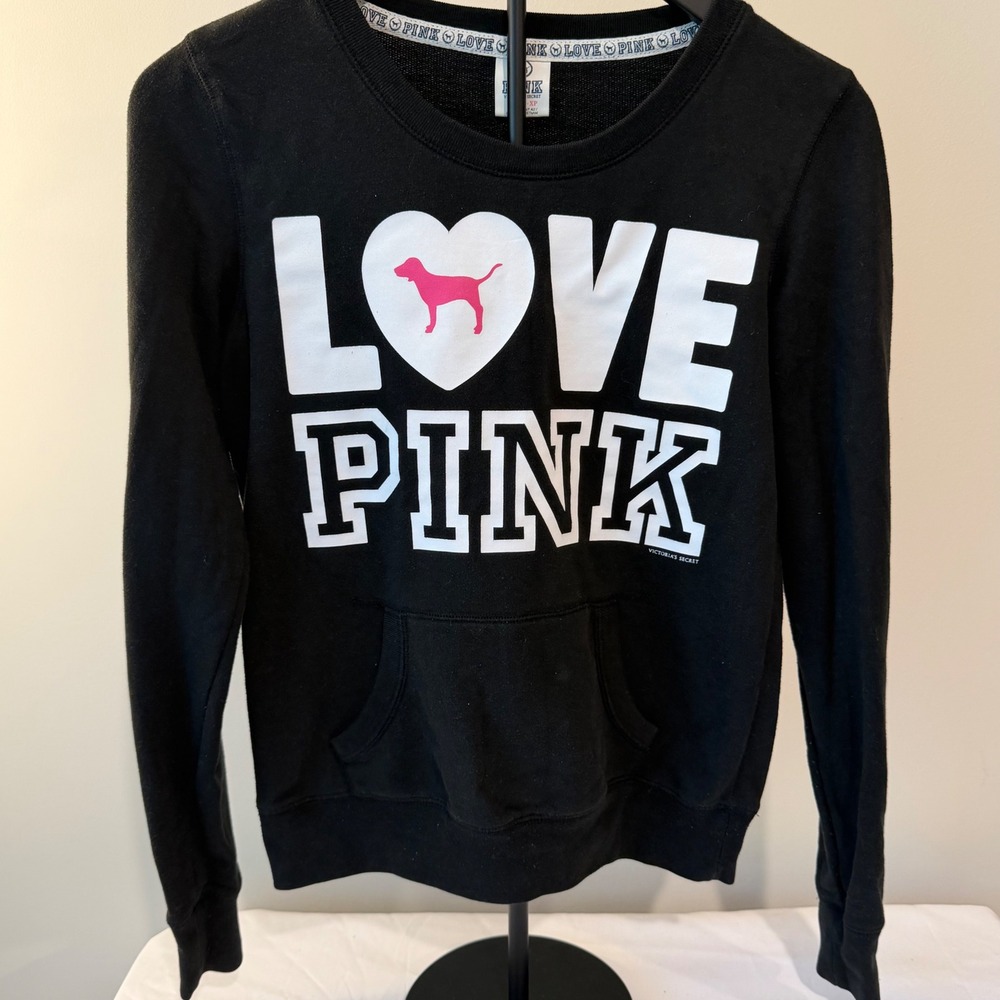 Victoria's Secret PINK Black Love Pink Heart Logo Crewneck Sweatshirt XS